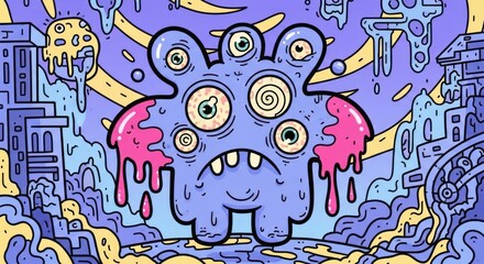 Obraz premium Abstract illustration of a multi eyed monster character in a surreal environment