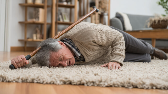 Elderly man falling on the floor with his cane, head touching wooden rug in living room, photograph of an elderly person after having fallen down at home. Ai generated