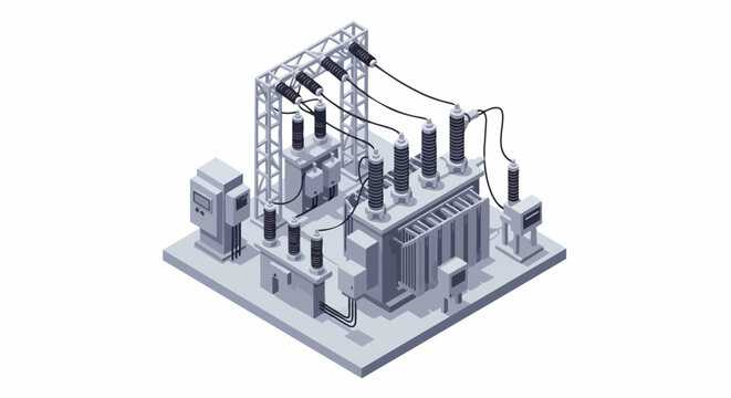 Isometric High-Voltage Power Transformer and Electrical Substation Illustration on White Background
