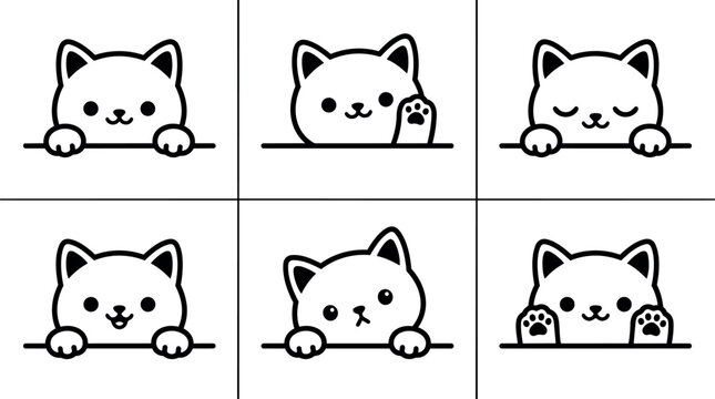 Cute black and white cat faces with paws in simple line art style