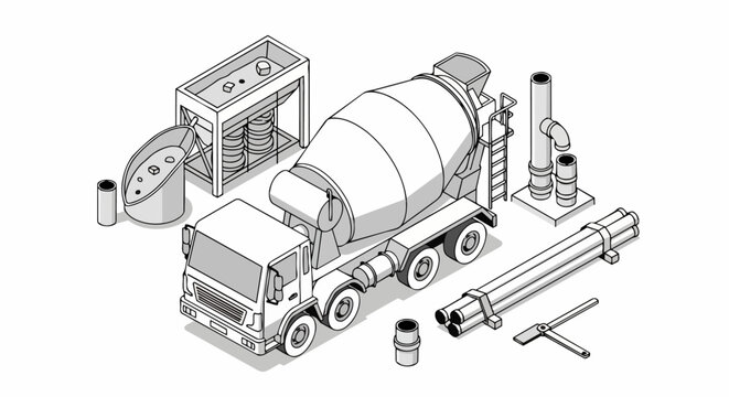 Isometric Concrete Mixer Truck and Construction Site Equipment Line Art Illustration