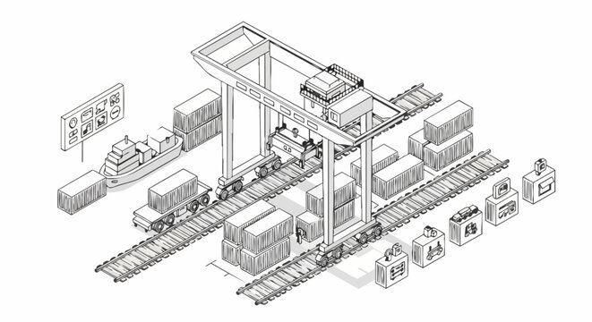 Isometric Logistics and Shipping Terminal Line Art Illustration with Gantry Crane, Cargo Ship, and Freight Trains