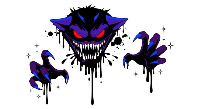 Abstract illustration of a purple monster with claws and sharp teeth design
