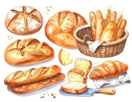 Watercolor drawing of assorted breads, baguettes, and wheat in basket