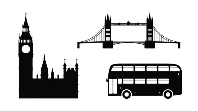 Iconic london landmarks big ben tower bridge parliament and a red bus