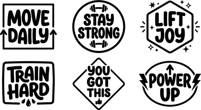 Black and white motivational fitness phrases move daily stay strong and power up vector art