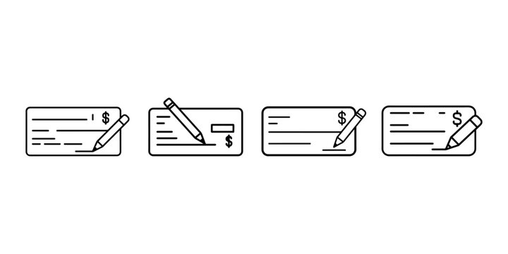 Bank check writing icon set illustrating pencil signing paper cheque with dollar symbol for financial transaction processing and personal payment task
