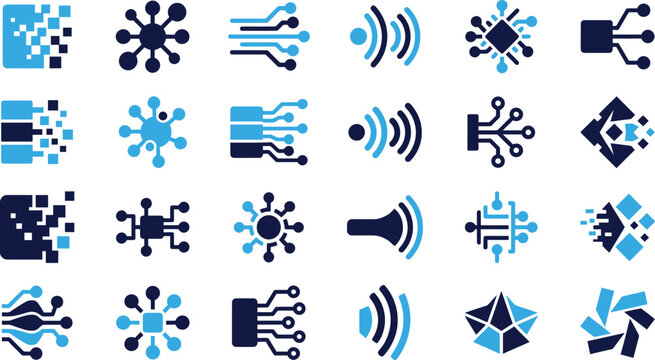 Digital technology icons with circuit boards processors and data flow symbols in blue tones.