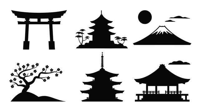 Japanese landmarks and symbols in a minimalist black silhouette design