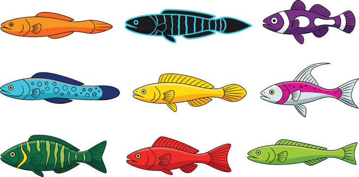 Marine fish species and colorful blenny and goby aquatic wildlife flat icon set