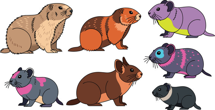 Marmot and pika species colorful mountain rodent wildlife flat icon set