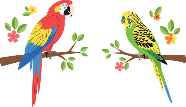 Illustration of Colorful Parrot and Budgie Birds Sitting on Branches with Flowers in Flat Design Style