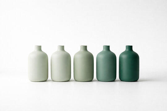 Five ceramic bottles in sage green gradient aligned on white background with copy space in a refined minimalist composition