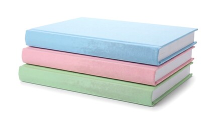 Fototapeta premium Stack of colorful hardcover books with pastel covers on clean surface