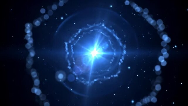 Radiant electric blue and white light source with lens flares, stardust, and bokeh, dolly zoom out on dark cosmic background, celestial abstract concept