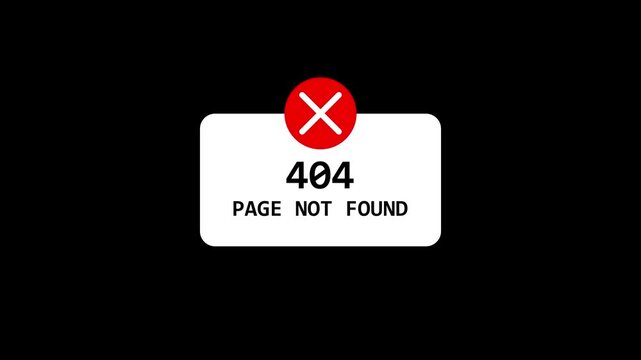 404 error page not found text animation on black background 4K