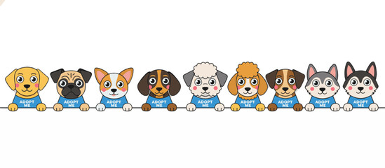 Fototapeta premium Cartoon dogs wearing adopt me vests peeking over border. Pet rescue and adoption concept. Flat design vector illustration isolated on transparent background