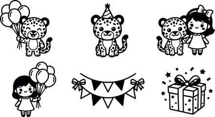 Obraz premium Black and white cute girl and leopard with balloons and party decorations vector art