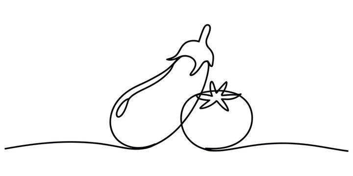 Minimalist Continuous Line Drawing of Eggplant and Tomato