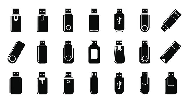 A collection of various usb flash drive designs depicted in a stark black silhouette high quality professional detailed modern elegant stylish