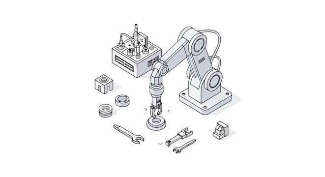 Isometric Robotic Arm for Industrial Automation and Smart Factory Engineering - Technical Line Art Illustration of Mechanical Assembly Process