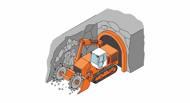 Isometric Heavy Mining Roadheader Excavating Underground Tunnel in Rock Formation