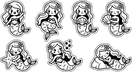 Fototapeta premium Black and white line art mermaid with seashell starfish and bubbles set