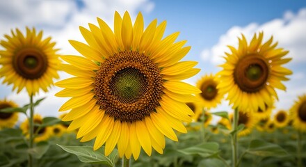 Obraz premium Vibrant sunflowers in a field under a cloudy blue sky