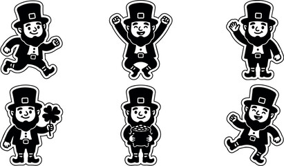 Obraz premium Six leprechauns in different poses with clover and pot of gold