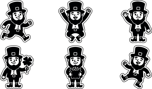 Six leprechauns in different poses with clover and pot of gold