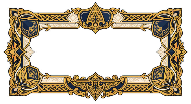 Gold geometric frame built from interlocking octagonal bands and intricate arabesque tracery forming a regal ornamental emblem centered on symmetry layered depth and luminous metallic elegance