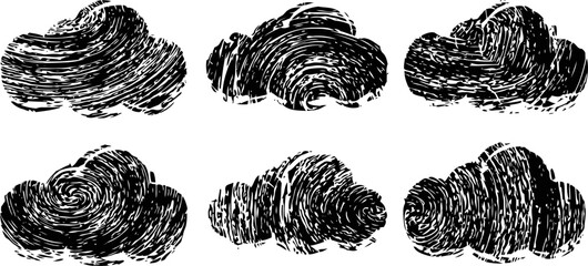 Obraz premium Stylized black cloud silhouettes in six unique swirling textured designs