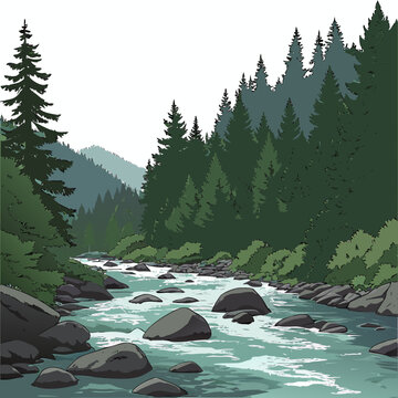 A serene forest landscape with a river flowing through rocks and trees