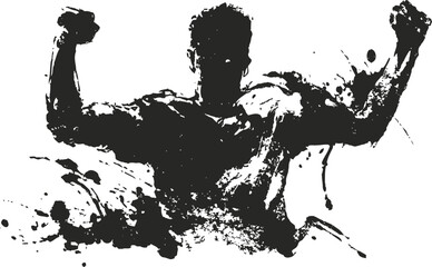 Obraz premium Abstract black silhouette of muscular man flexing arms with splash ink effect dynamic design