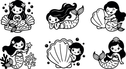 Fototapeta premium Black and white line art mermaid girls with shells and coral cute vector illustration