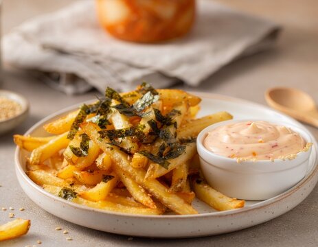 Frytki z wodorostami i kimchi. Pieczone frytki wymieszane z pokruszonymi, prażonymi wodorostami nori podawane z majonezem wymieszanym z drobno posiekanym kimchi