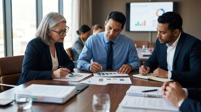 Clear focus on committee members reviewing conservative asset allocation visuals with outoffocus policy papers emphasizing riskaverse pension pool governance.