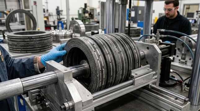 Medium shot of composite rings being molded and aligned for fragmentation sleeves highlighting the layered structure and advanced materials used in modern explosive warhead design.