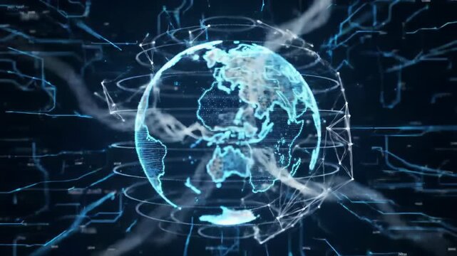 A futuristic holographic 3D globe of blue data points and glowing lines coalesces, showing global data flow in a dark blue void. Digital world map concept.