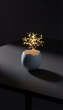 A single cracked Easter egg on a dark matte surface, from the crack grows a tiny luminous tree with golden leaves, extreme minimalism, high contrast, symbolic rebirth.