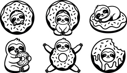 Fototapeta premium Cute sloths with donuts in various poses
