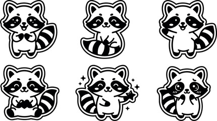 Obraz premium Cute black and white cartoon raccoon characters with different expressions and poses