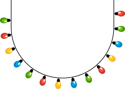 Colorful garland with bulbs forming curved frame isolated on light background.