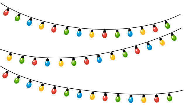 Multiple rows of colorful bulbs on wires creating festive party background on light surface.