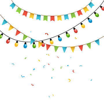 Colorful party garlands with bulbs, flags and confetti isolated on light background.