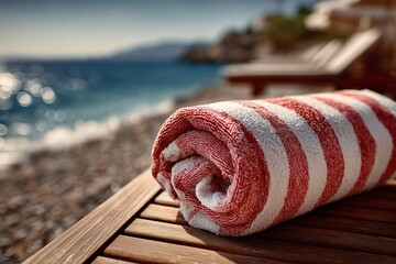 Plakat Rolled Red and White Striped Beach Towel on Wooden Deck with Ocean View 
