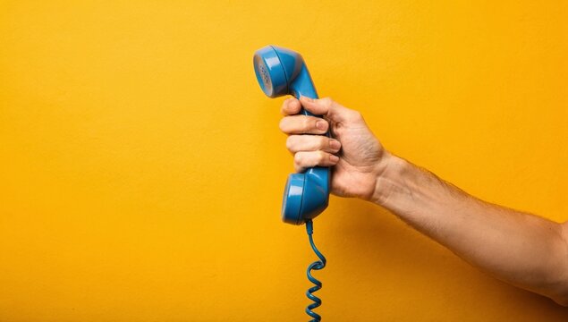 A close-up of a hand grasping a blue telephone receiver with a coiled cord, set against a solid yellow backdrop, evoking a sense of nostalgia and simplicity in communication technology.