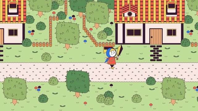 Little adventurer on village road line cartoon animation. Video game walkthrough 4K video motion graphic. Cute warrior carrying sword 2D linear animated character on landscape background.