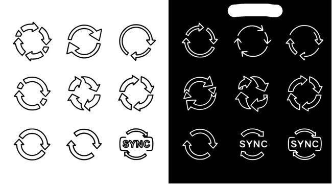A set of vector graphic icons depicting various sync and recycling symbols in black and white on a split background