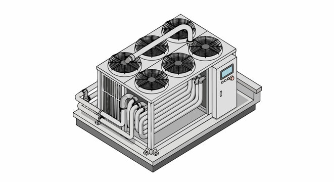 Isometric Industrial HVAC Chiller Unit Vector Illustration for Commercial Cooling Systems, Climate Control, and Mechanical Engineering Design
